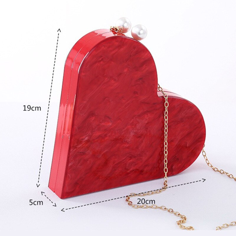 Designer Acrylic Clutch Red Heart Shape Pearl Chain Purse