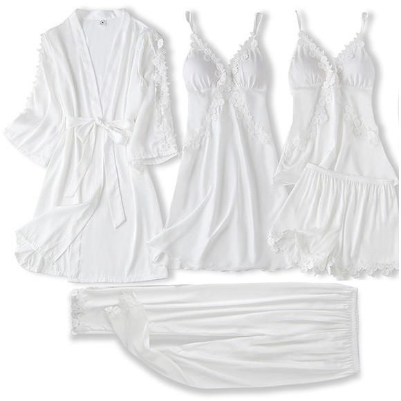 Satin Women's Sleepwear Set/Pajamas: Kimono Gown, Lace Intimate Lingerie Hollow Out Camisole, and Matching Lingerie Top w/ Shorts & Silky Pajama Pants