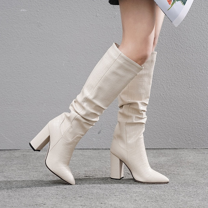 Ruched Pleated Solid Thick High Heel Knee High Ladies Boots