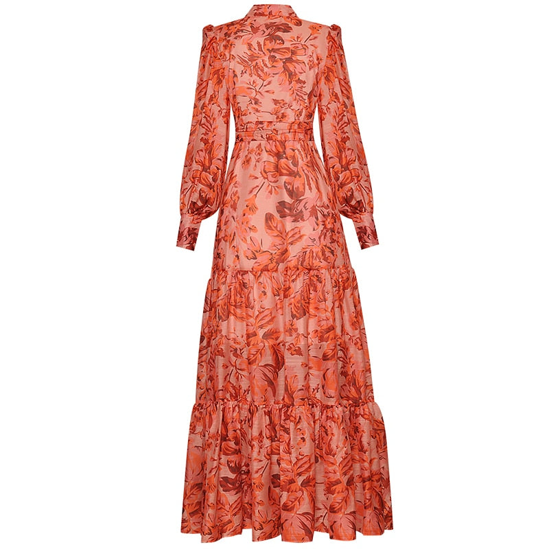 Women's Orange/Red Floral Long Sleeve Maxi Dress