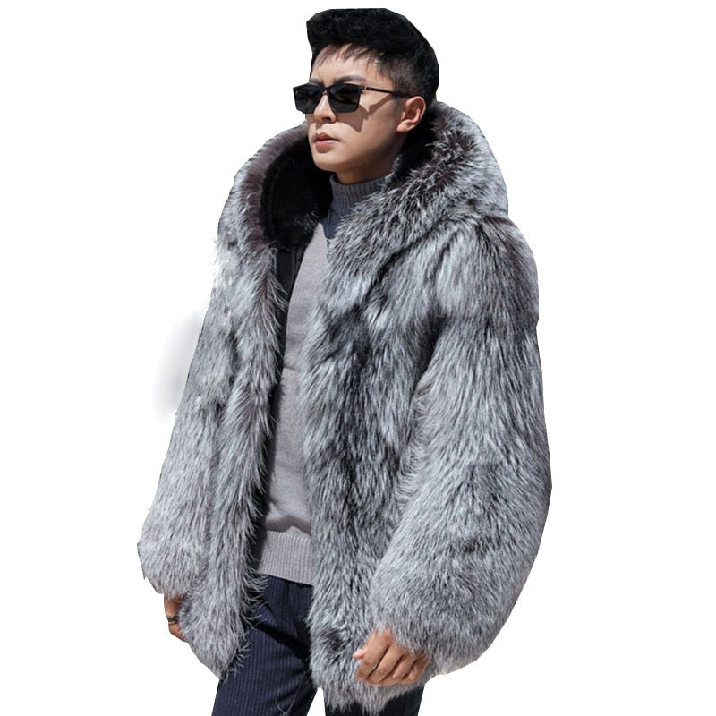 Hooded Men's Faux Fox Fur Jacket w/ Hat