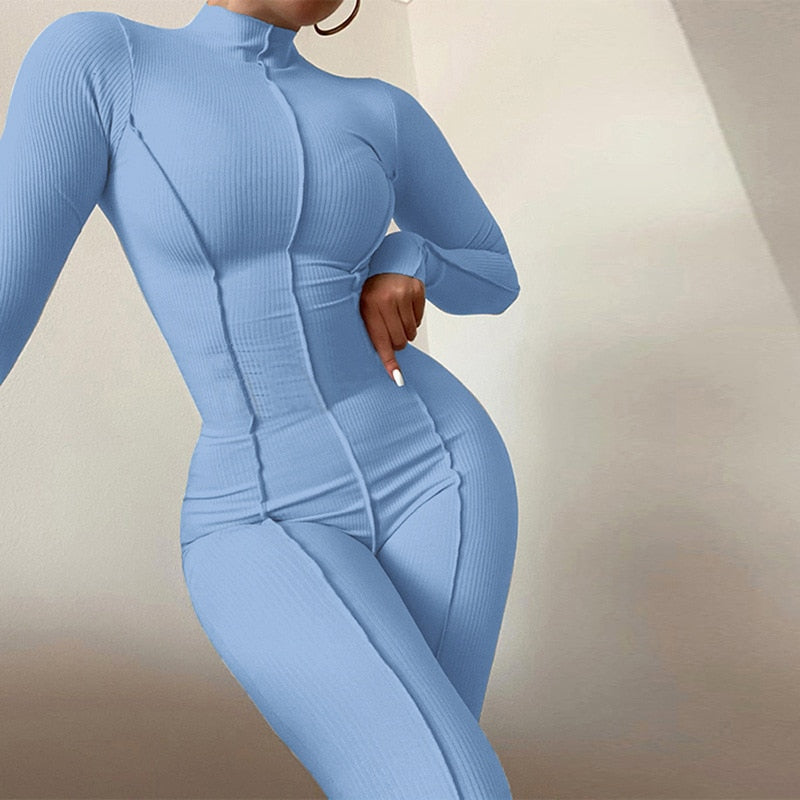 Solid Line Design Long Sleeve Bodycon Ladies Fitness Workout Jumpsuit