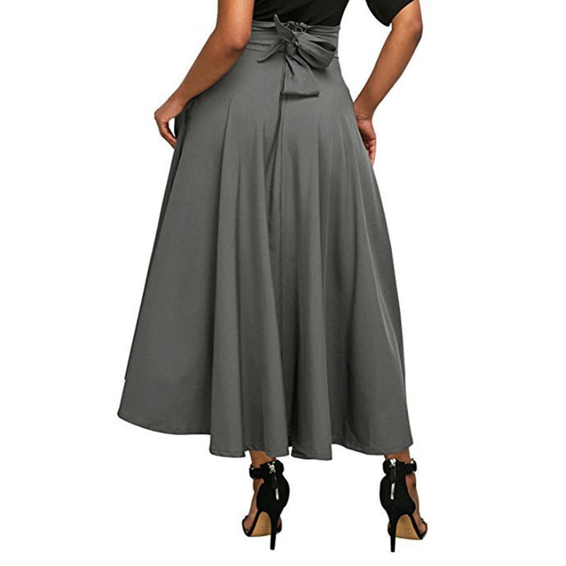 Ruffle A-Line Flared Pleated Maxi Skirt w/ Pockets