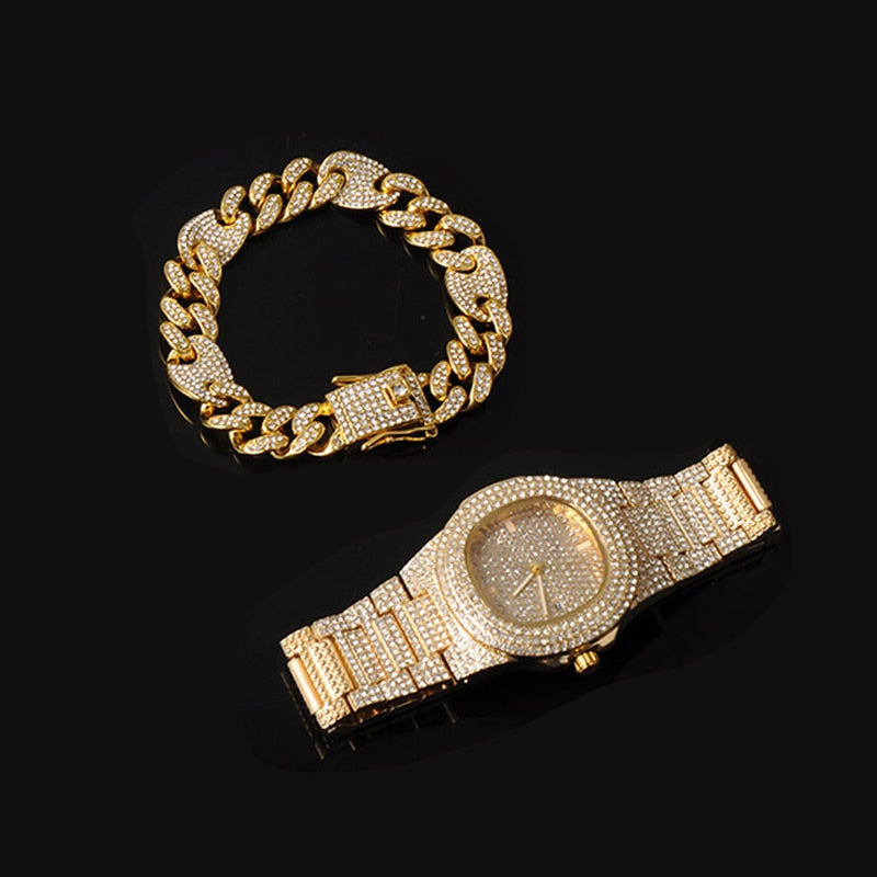 3-Piece Jewelry Hip Hop Gold Iced Out Paved Rhinestones CZ Bling  Sets: Cuban Chain, Watch & Bracelet