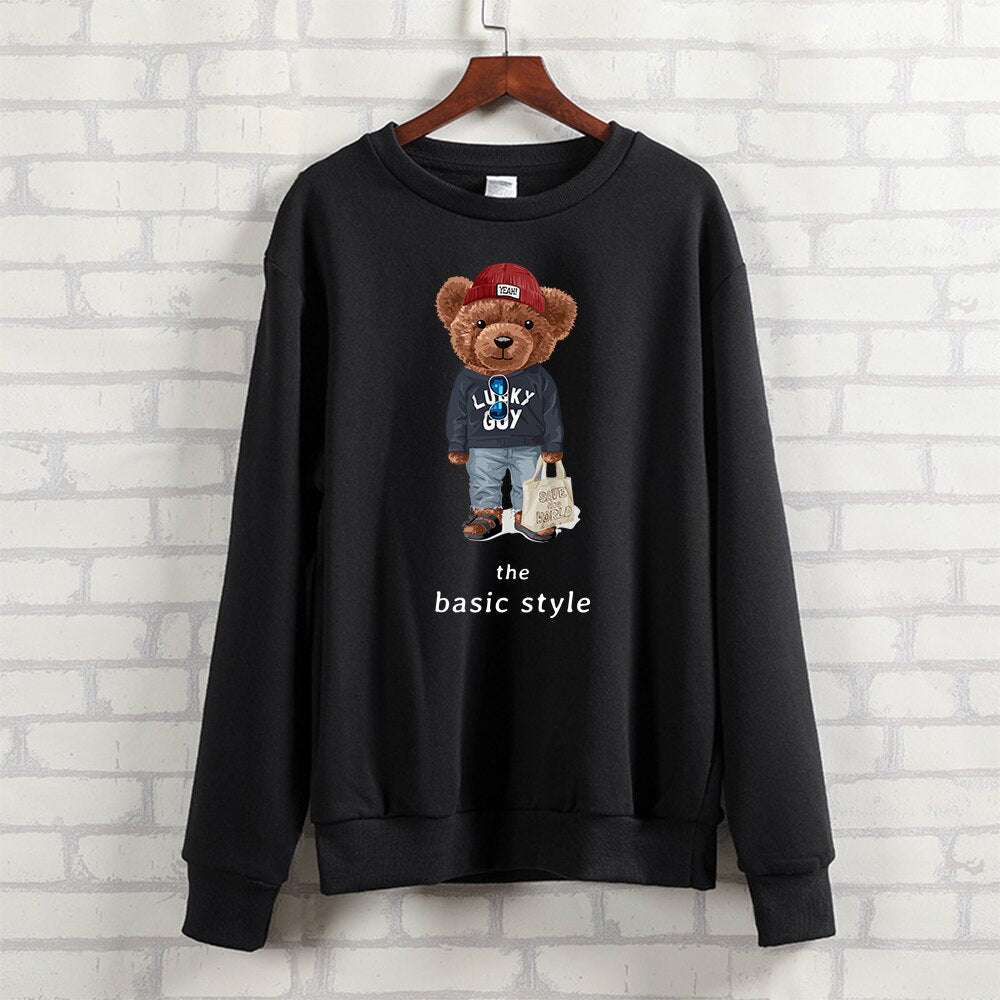 Teddy Bear "The Basic Style" Letter Printed Ladies Crewneck Sweatshirt Long Sleeve