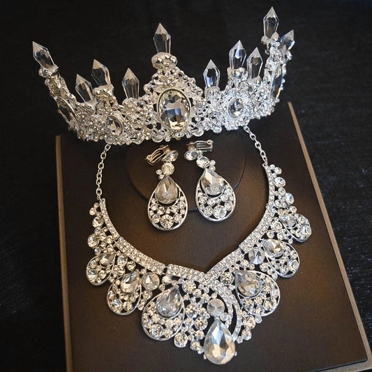 Rhinestone Bridal Plated Crystal Crown Tiara, Necklace & Earrings 3-Piece Set