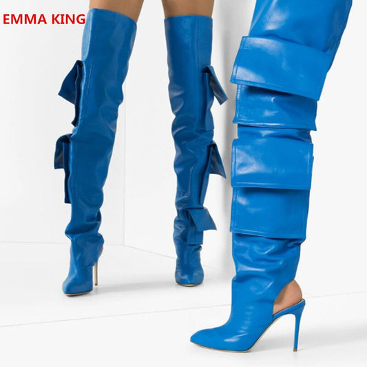 Leather Designer Over-the-Knee Pointed Toe Slingback Stiletto High Heels Knight Boots