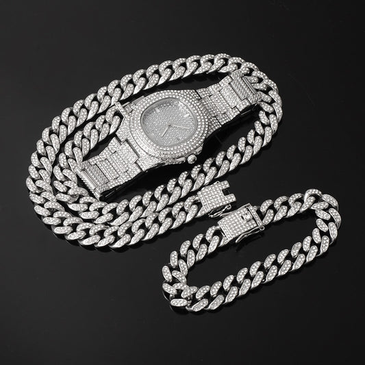 3-Piece Jewelry Hip Hop Gold Iced Out Paved Rhinestones CZ Bling  Sets: Cuban Chain, Watch & Bracelet