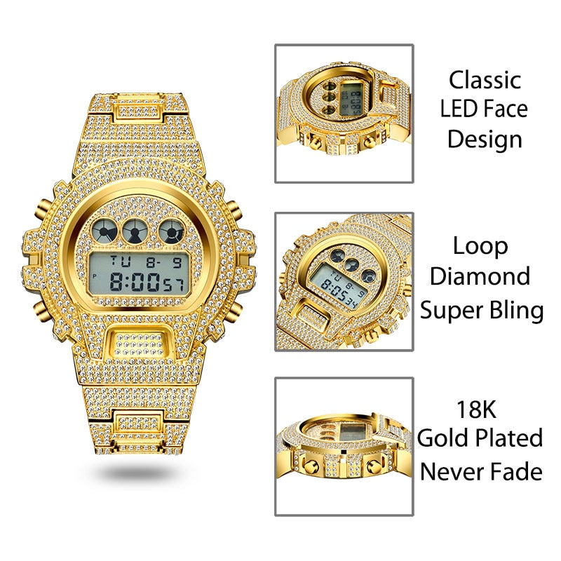 Multi-Function G Style Shock Digital Mens Watches Top Luxury Brand LED 18K Gold Plated Iced Out Watch