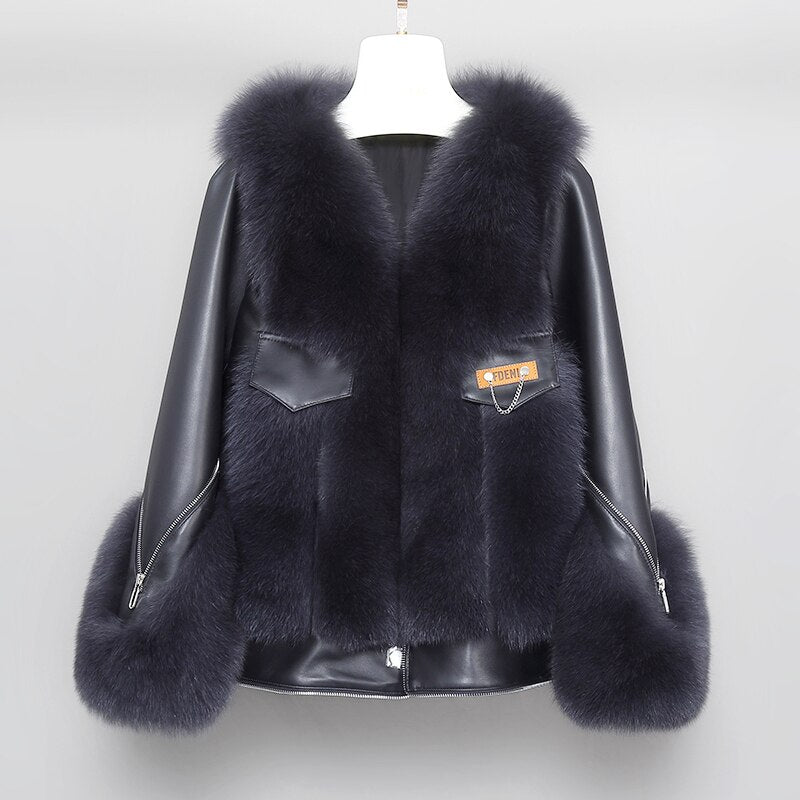 Sheepskin Fox Fur Trim Stitched Ladies Jacket