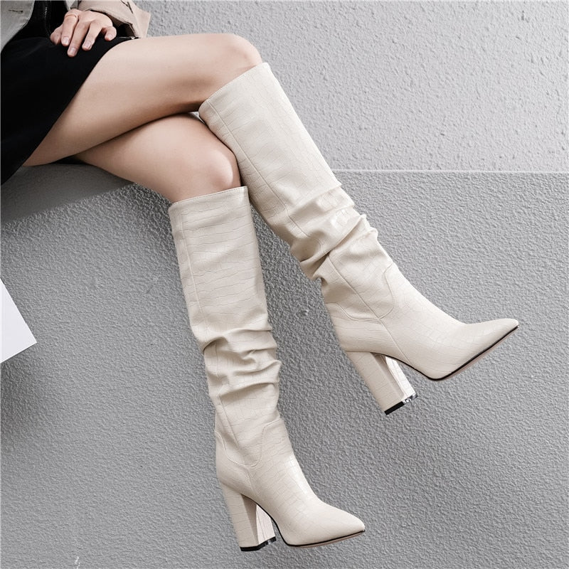 Ruched Pleated Solid Thick High Heel Knee High Ladies Boots