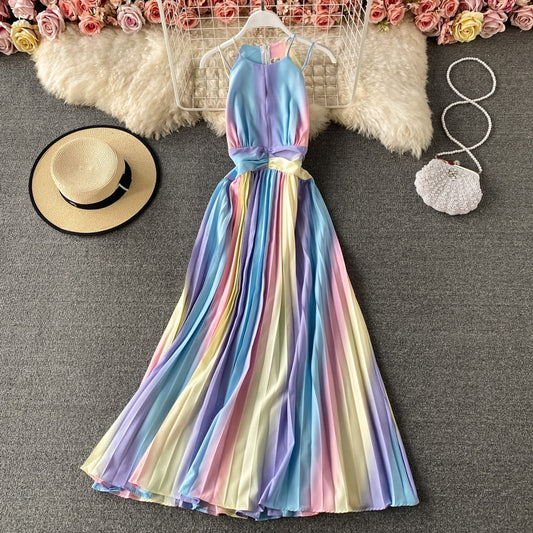 Rainbow Gradient Print Pleated Spaghetti Strap Maxi Dress