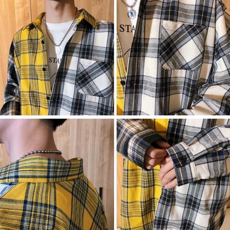 Men's Oversized Cotton Plaid Patchwork Button Up Long Sleeve Shirt