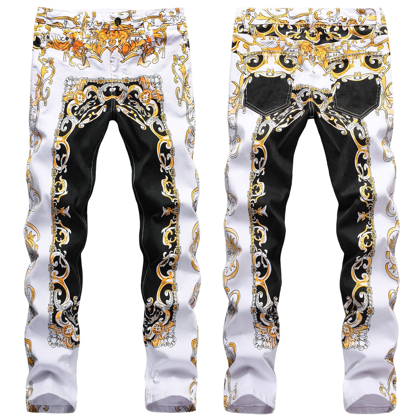 Men's Baroque White/Black/Yellow Print Skinny Stretch Denim Jeans