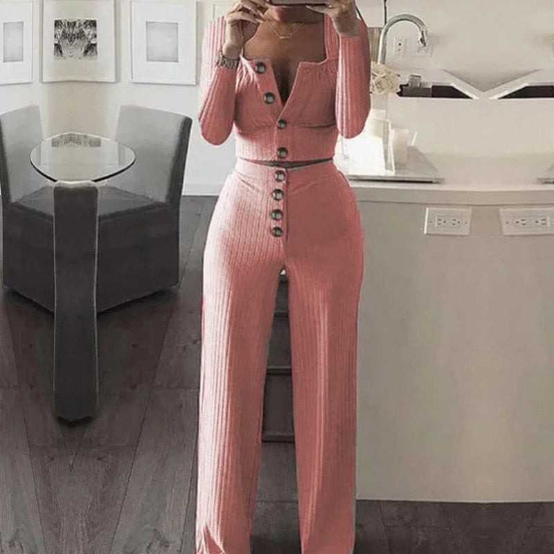 Knitted Strapless Ribbed Solid Color Button Front Long Sleeve Crop Cardigan Top + Button Front Pants 2-Piece Sets