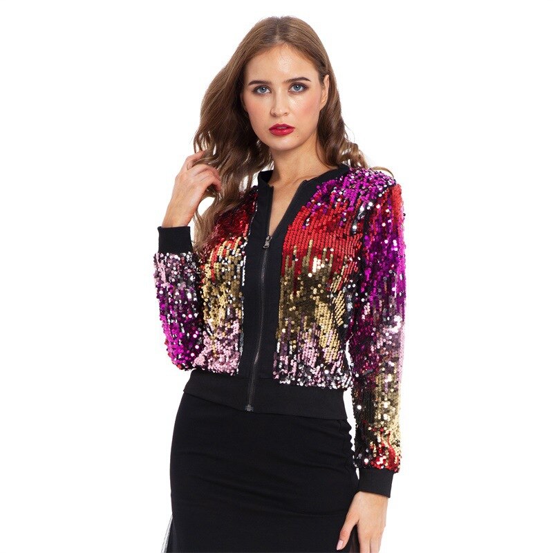 Sequin Gradient Beaded Zipper Cardigan Bomber Jackets