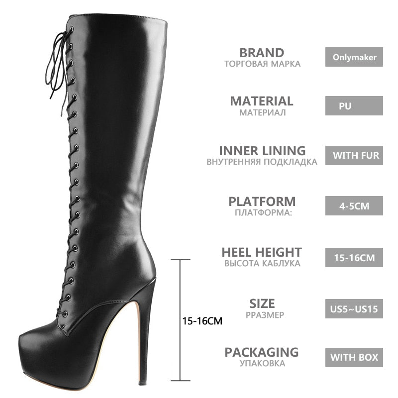 Lace-Up Round Toe Stiletto Platform Zipper Knee High Boots