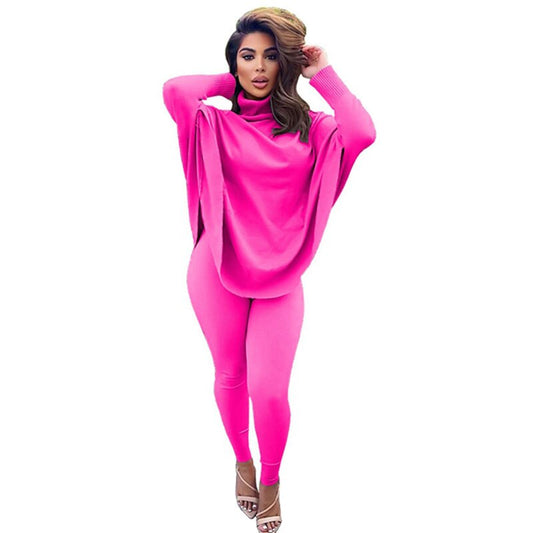 Batwing Long Sleeve Oversize Turtleneck Top & Bodycon Pant 2-Piece Set to 3X Plus