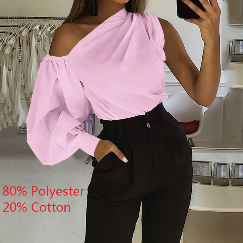 Lantern Sleeve Asymmetrical One Shoulder Loose Blouse