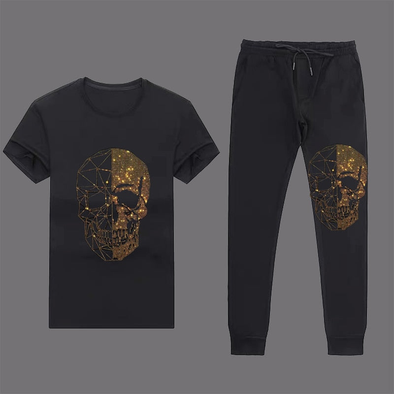 Men's Rhinestone Skull Head Short Sleeve T-Shirt Pure Cotton O-Neck Top & Sweatpants 2-Piece  Set