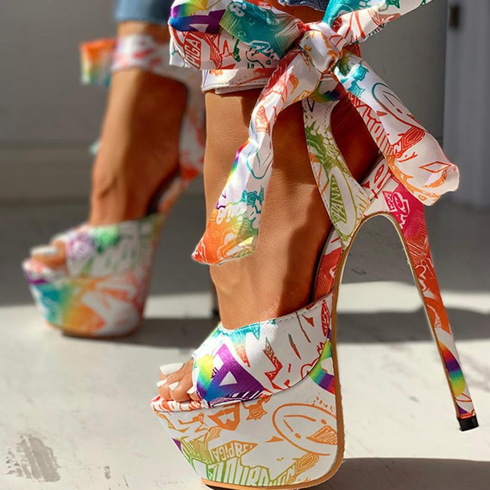 Tropical Print Big Bow Lace-Up Women's Platform Sandal Stiletto Pumps