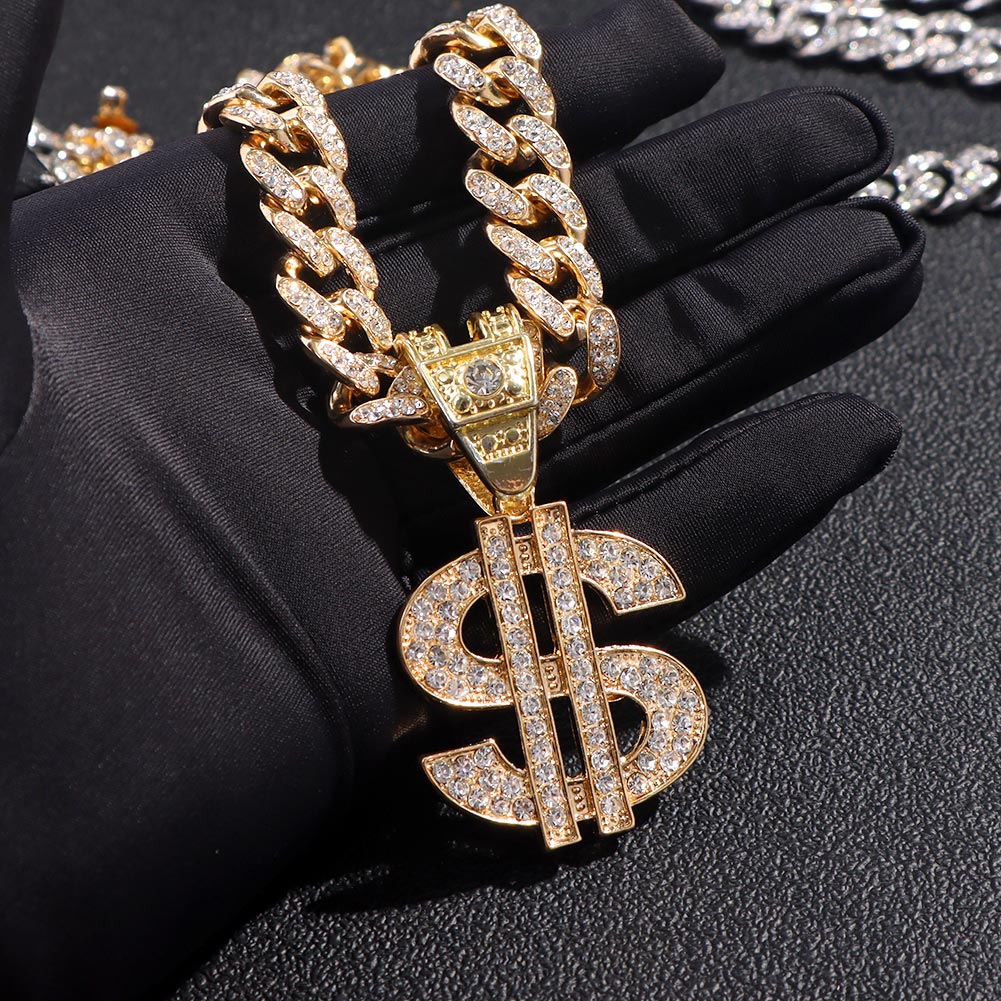 Dollar Sign Pendant Necklace 13mm Cuban Link Chain Necklace