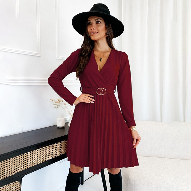 Pleated Mini V-Neck Long Sleeve Lace Up Dress