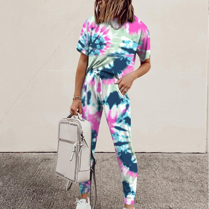 Women's Tie-Dye Print 2-Piece Short-Sleeved Round Neck Top + Drawstring Leggings Set