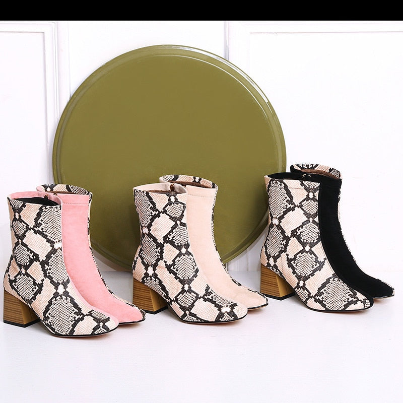 Snake Print Colorblock Patchwork Women's Zipper Ankle Boots