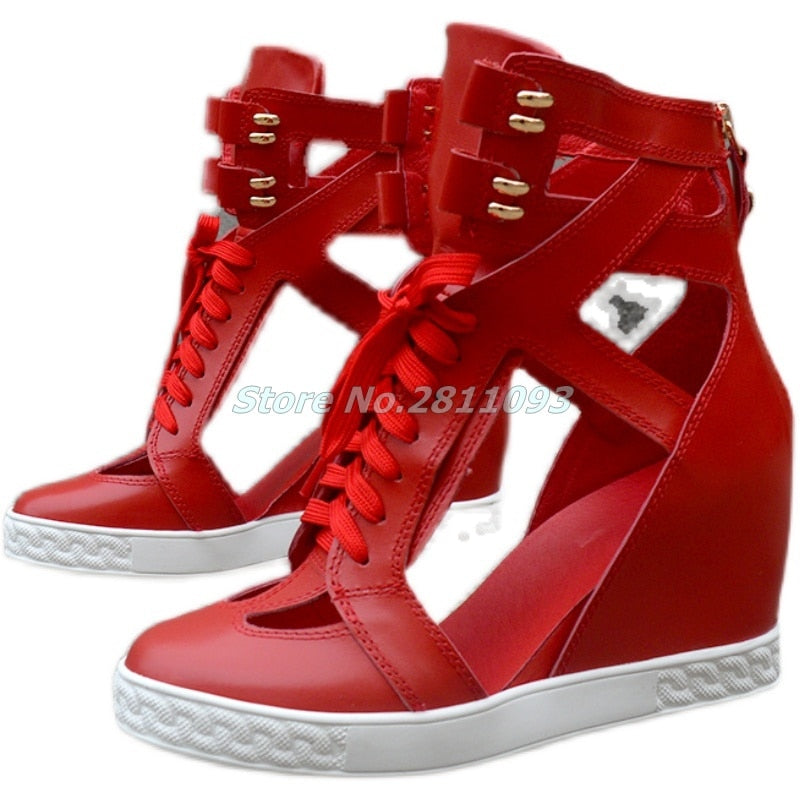 Cut-Out Lace Up Round Toe Solid Red Real Leather Back Zipper Ankle Boots