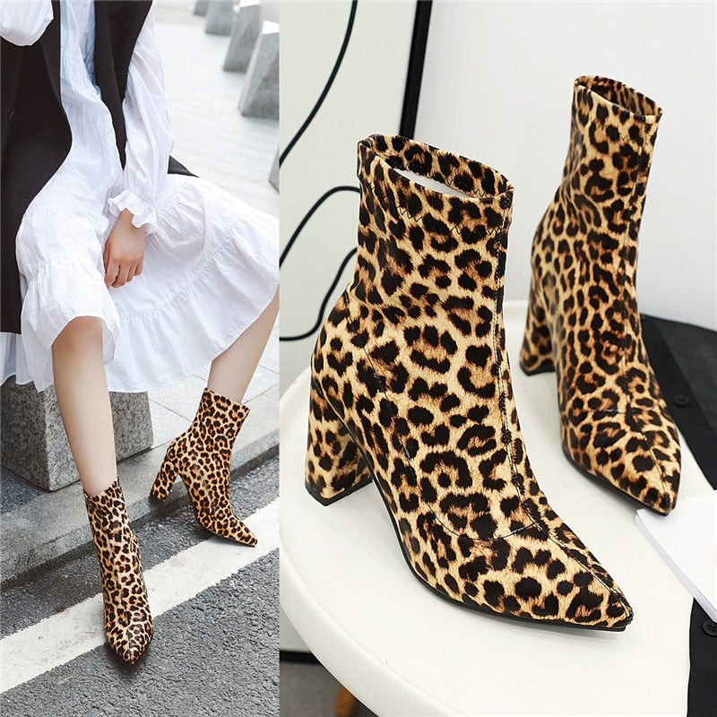 Plaid/Leopard/Solid Print Slip-On Women's Pointed Toe Ankle Boots