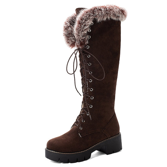 Lace-up Fur Knee High Suede Snowboots