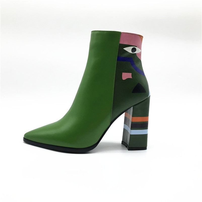 Pastel Colorblock Women's Square Heel Leather Ankle Boots