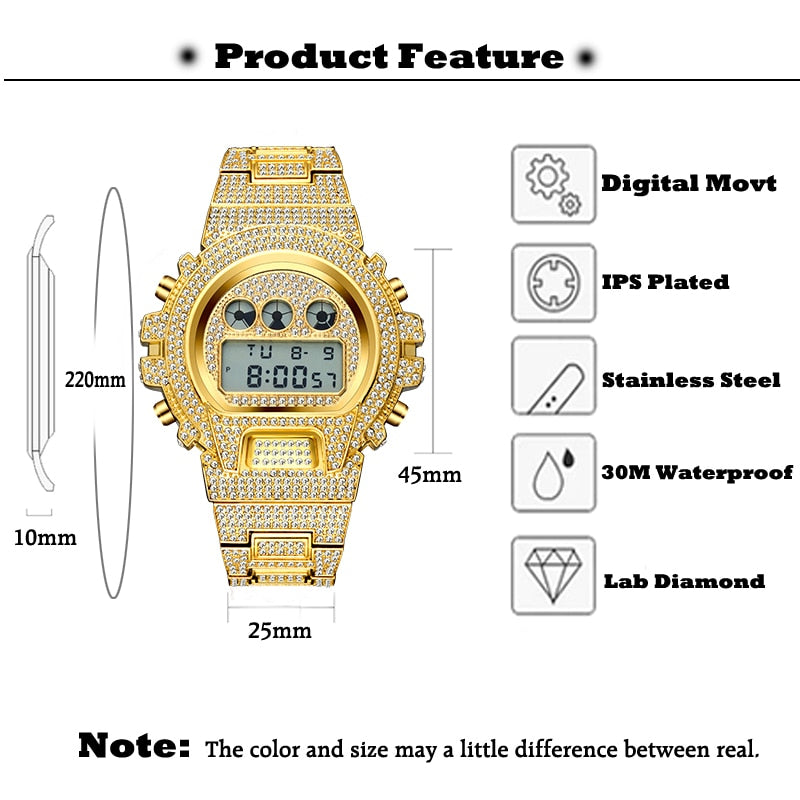 Multi-Function G Style Shock Digital Mens Watches Top Luxury Brand LED 18K Gold Plated Iced Out Watch