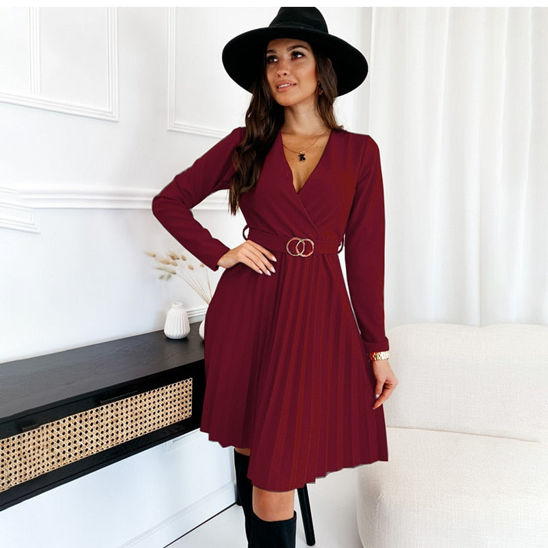 Pleated Mini V-Neck Long Sleeve Lace Up Dress