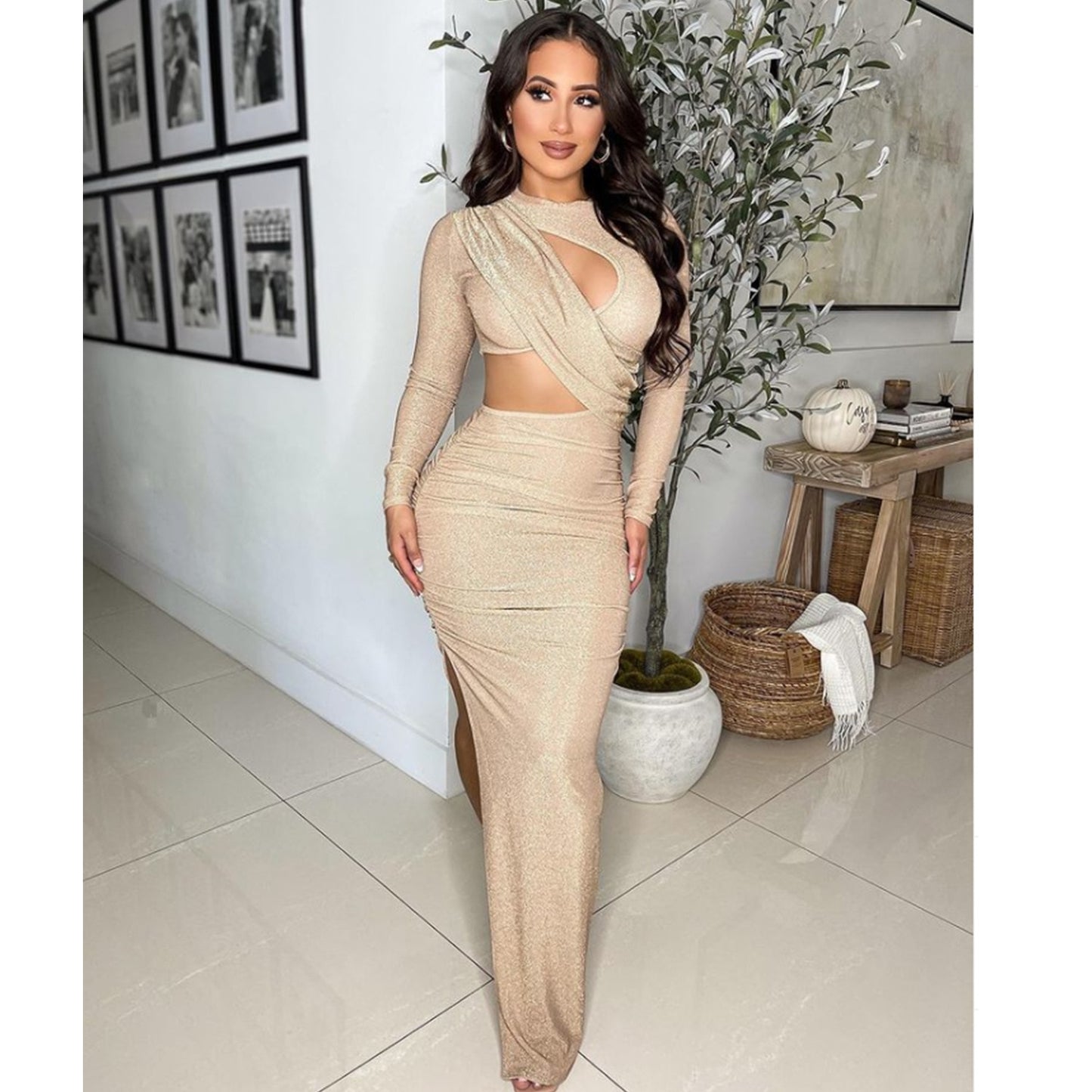 Solid Ruched Long  Sleeve Cut Out O-Neck Long Sleeve High Slit Evening Party Dress