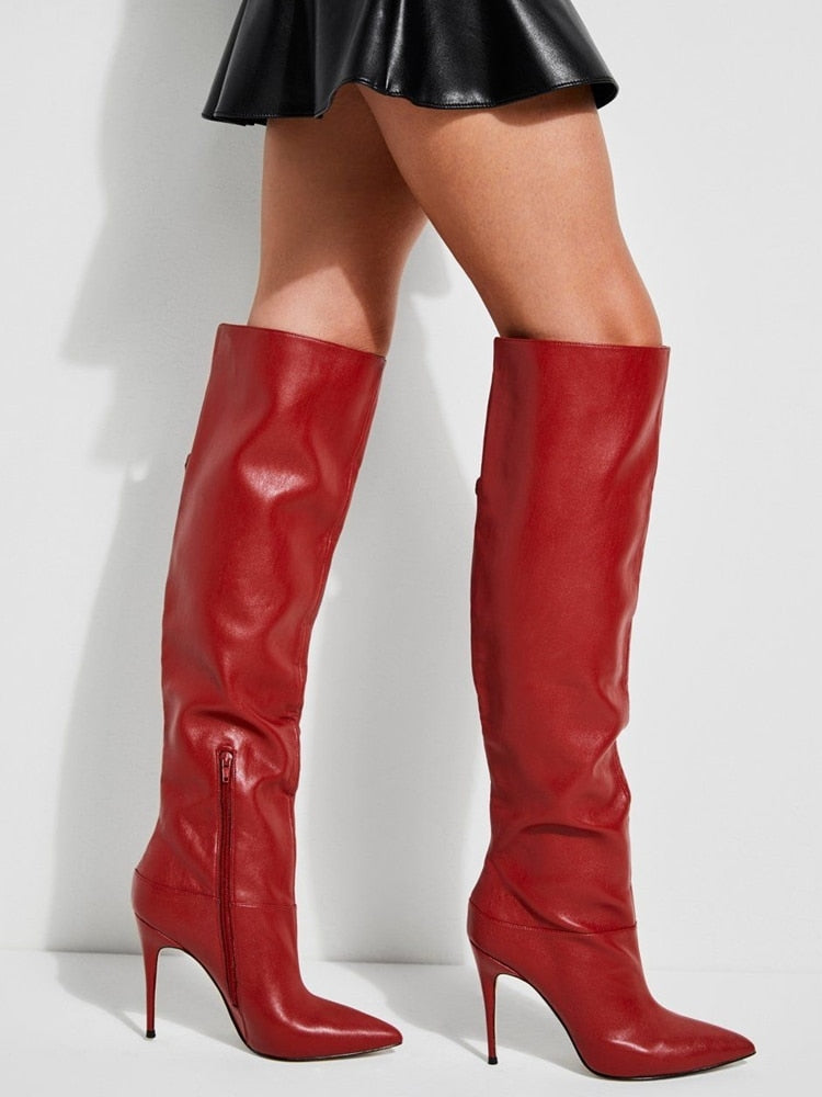 Red Knee-High Leather Side Zipper Pointed Toe Thigh High Boots