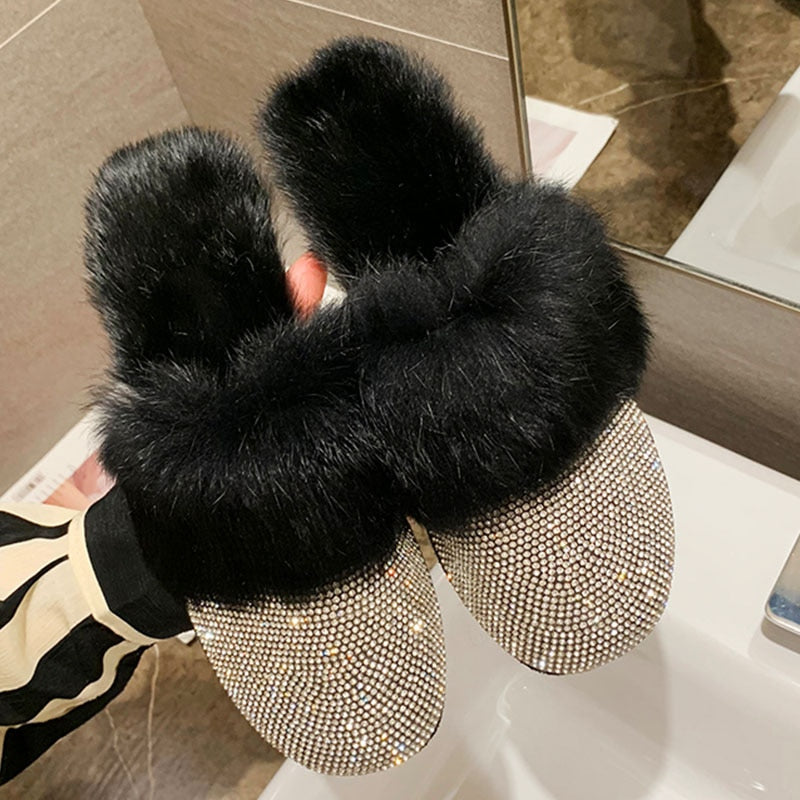 Luxury Rhinestone Fur Crystal Slides Mule Slippers