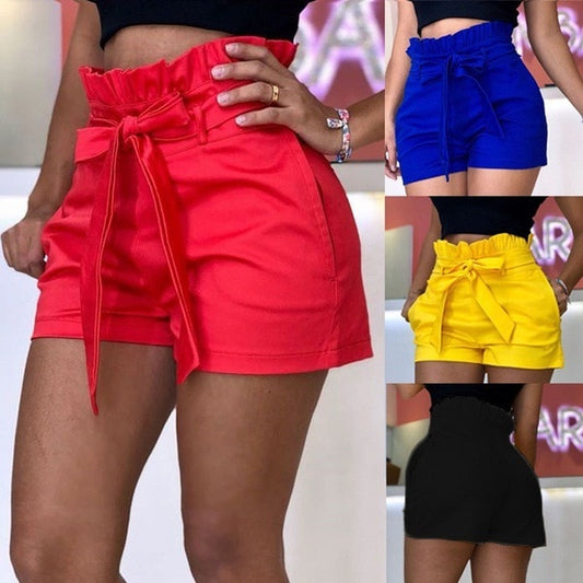 Solid Color Bowtie Lace-Up Ladies Elastic Waist Shorts