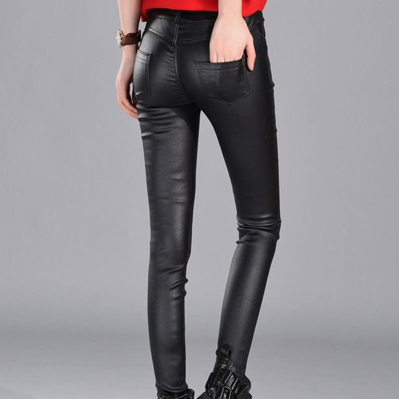 Black Faux Leather Slim High Waist Casual Ladies Pants