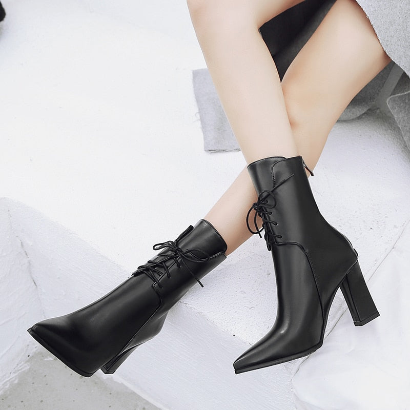 Patent Leather Lace Up Square Platform Heel Ankle Boots