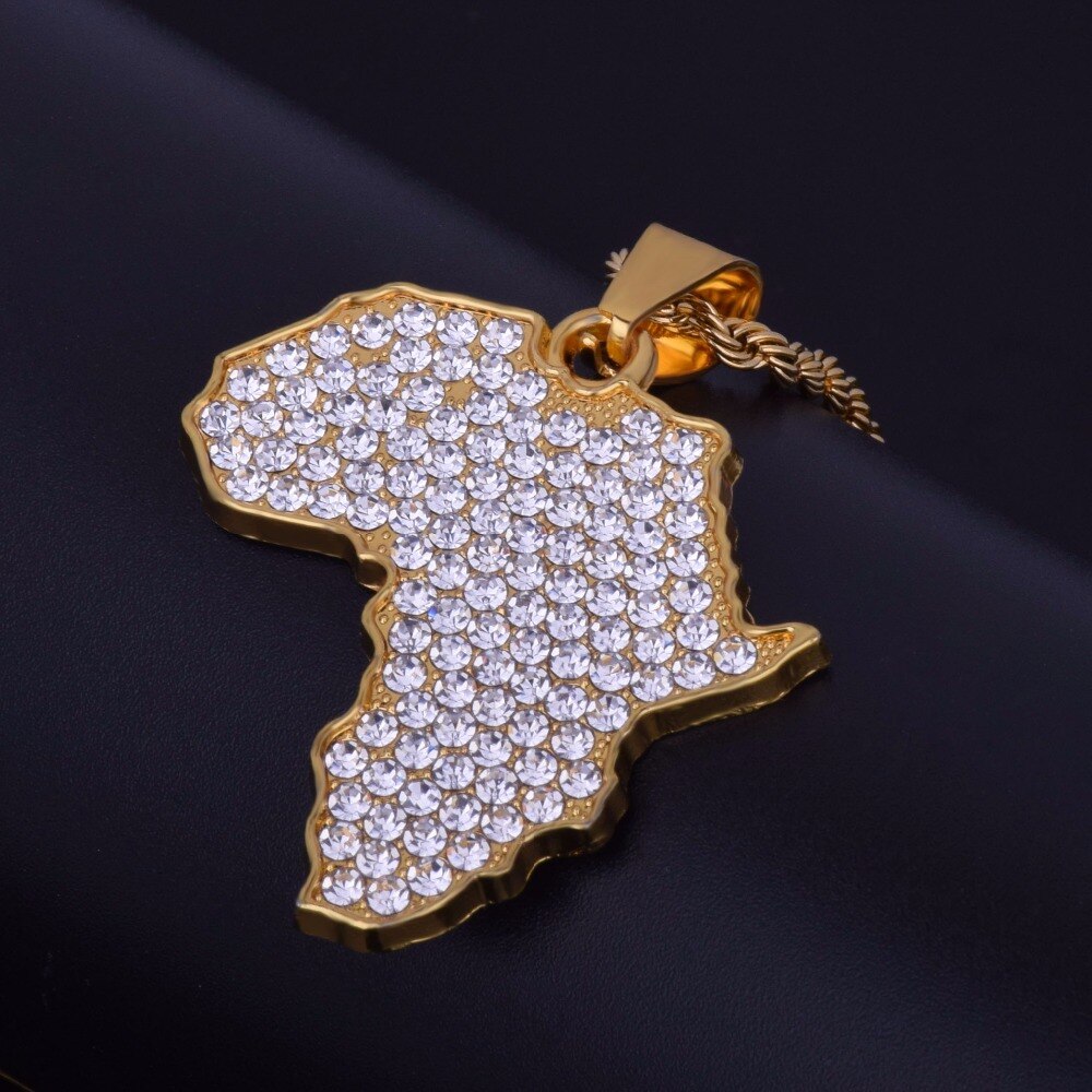 Africa Map Rhinestone Crystal Gold Pendant Chain