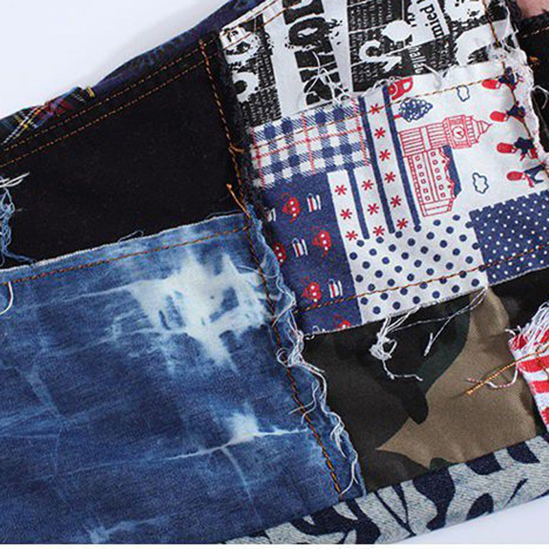 Men's Patchwork Spliced Ripped Denim Colored Patch Button-Fly Jeans