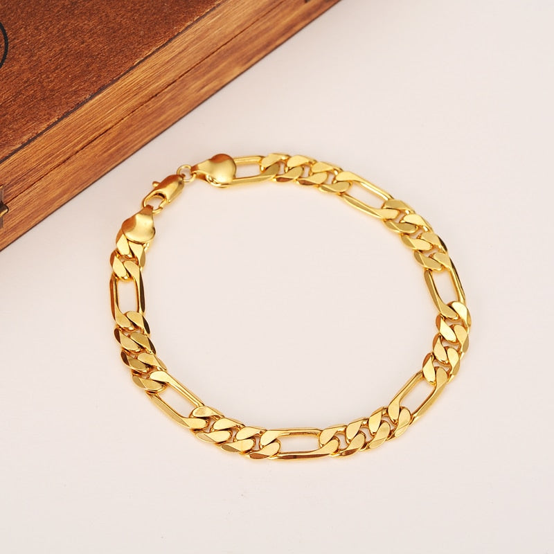 24K Yellow Solid Gold Finish Figaro Link Chain & Bracelet Jewelry Set