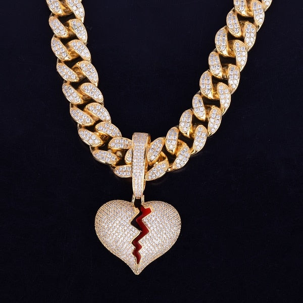 Broken Heart Pendant Necklace Cuban Link Chain