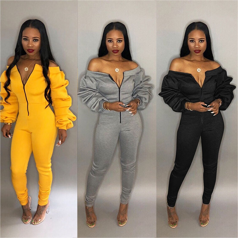 Solid Color Off-the-Shoulder Ruched Puffed Long Sleeve Zipper Front Slash Neck Jumpsuit