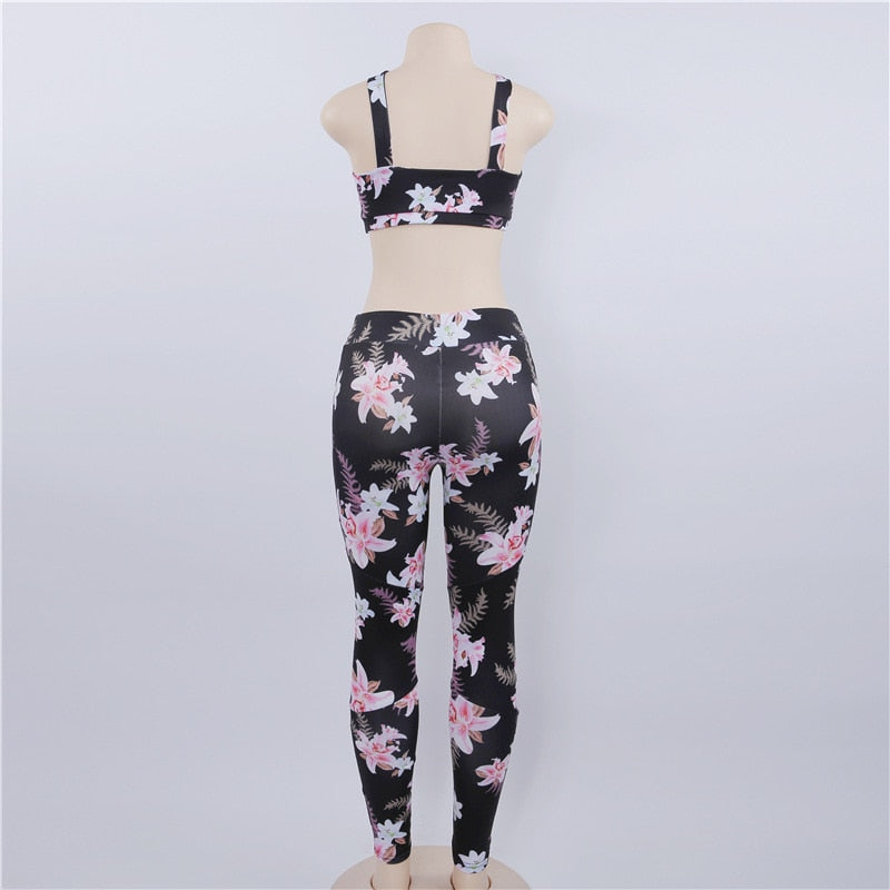 Criss Cross Floral Print Backless Strapless Crop Top + High Waist Mesh Patchwork Spandex Leggings Women's 2-Piece Fitness Set