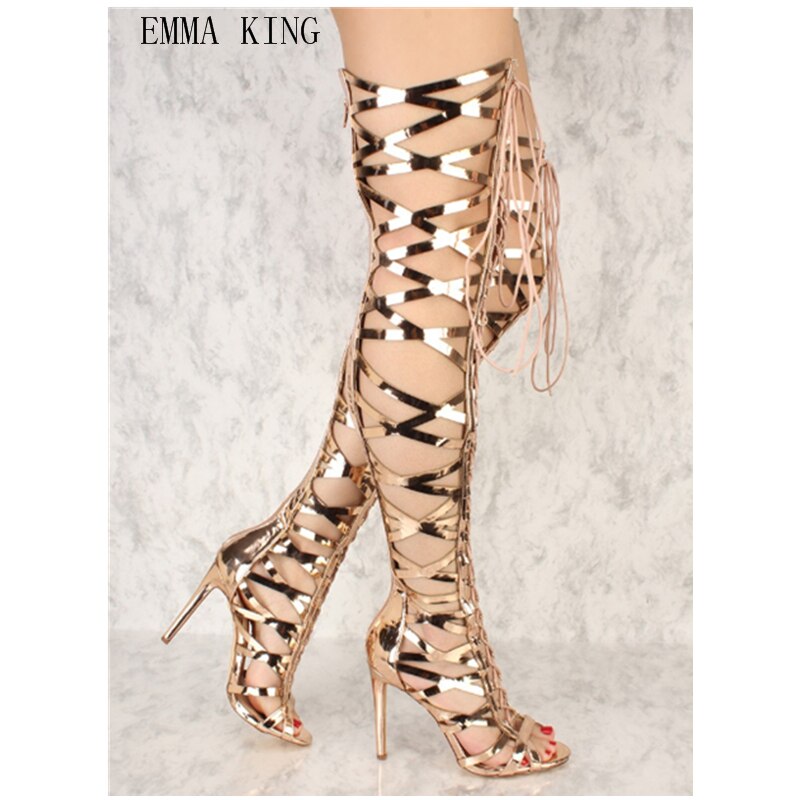 Lace Up Thigh High Stiletto Peep Toe Cross-Tied Gladiator Sandal Boots