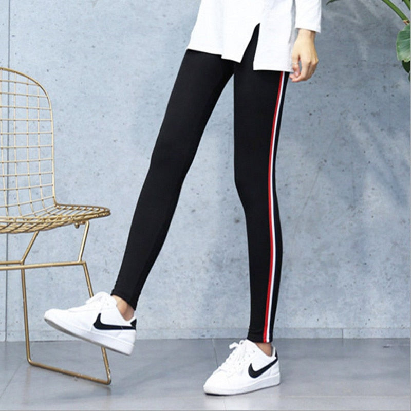 Solid Women's Cotton Side Striped Casual High Waisted Fitness Leggings to 5X