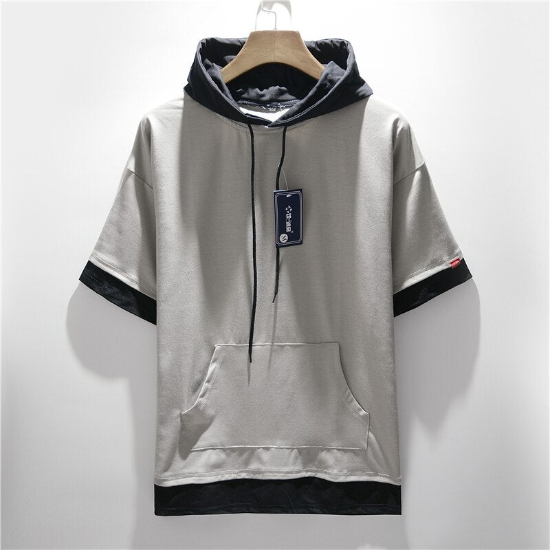 Men's Colorblock Drawstring Short Sleeve Hoodie Streetwear Shirt to 5X